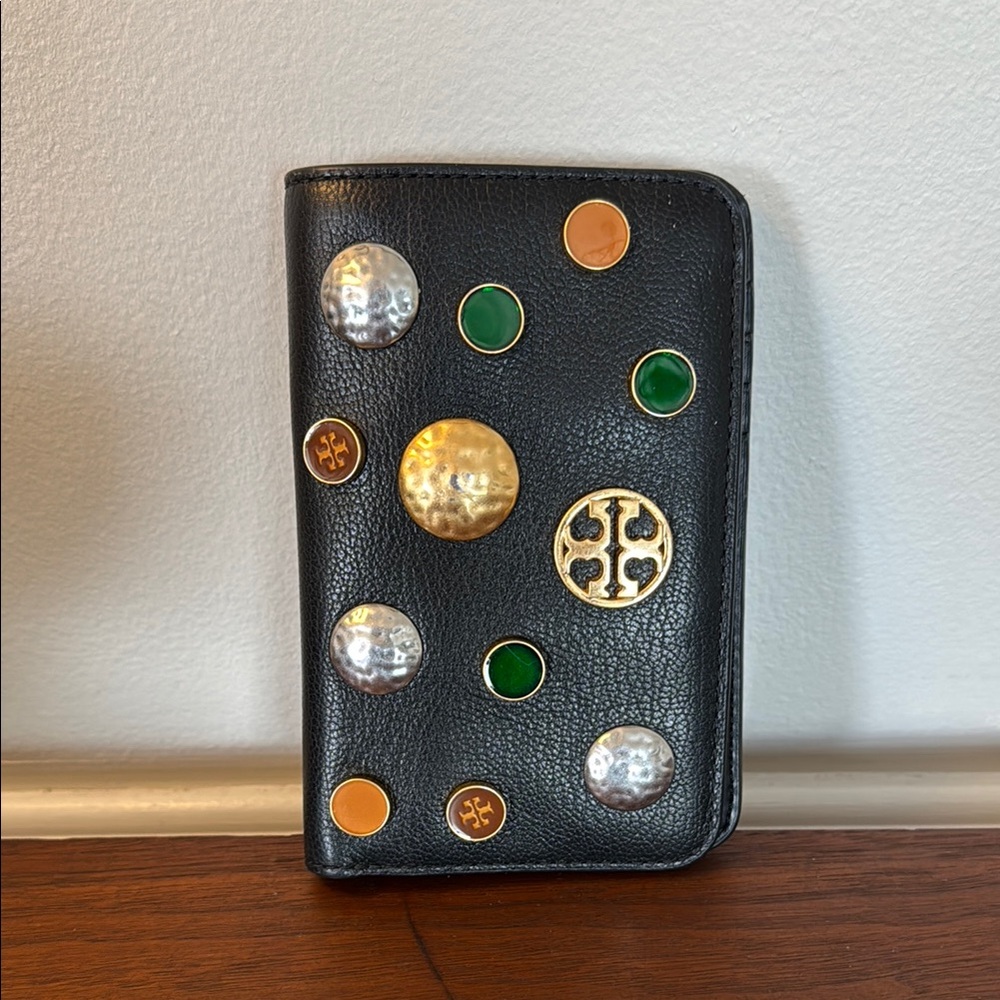 Tory Burch Black Wallet with Gold and Green Accents